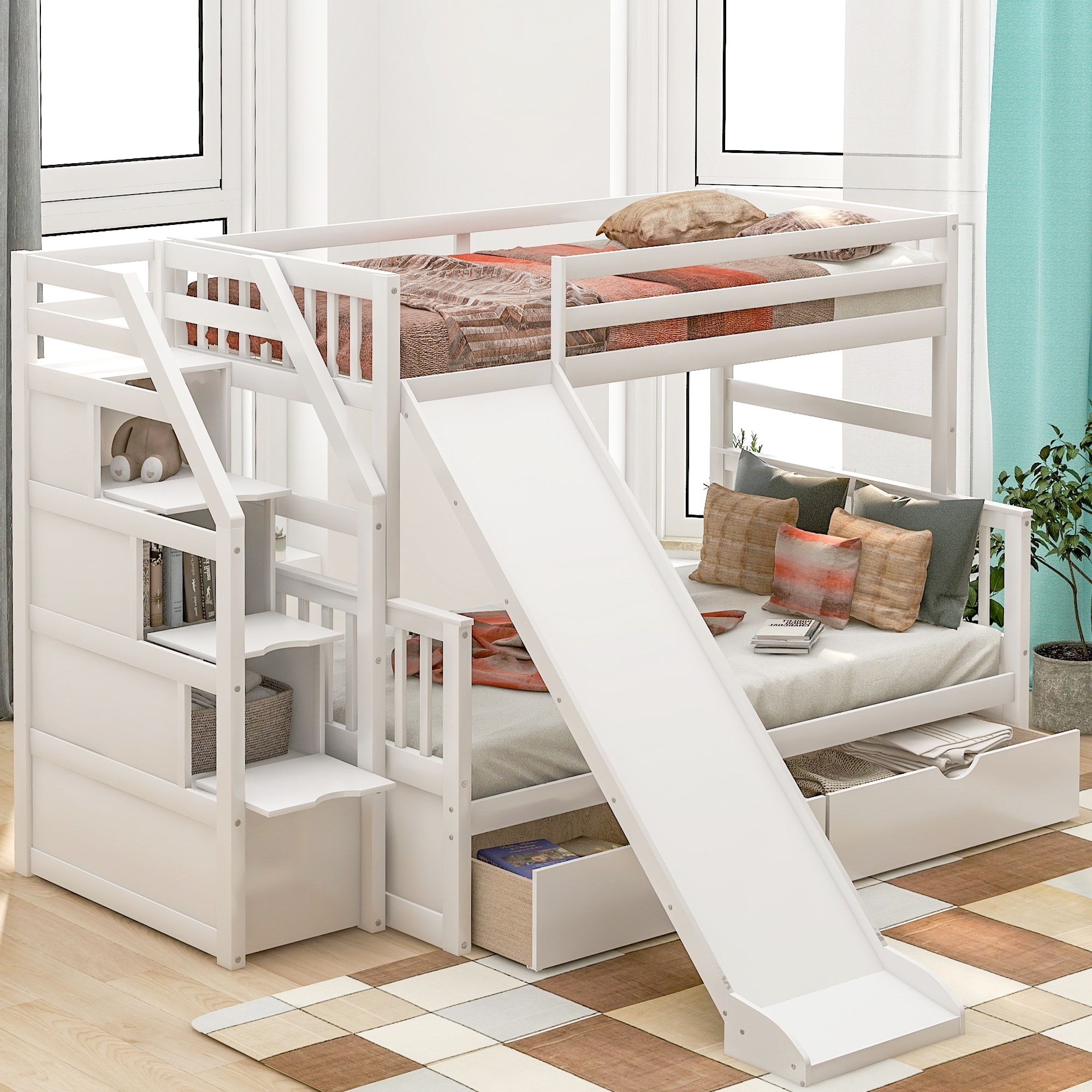 Merax Twin Over Full Bunk Bed With Slide Drawers Storage Stair For Kids Overstock 31434191