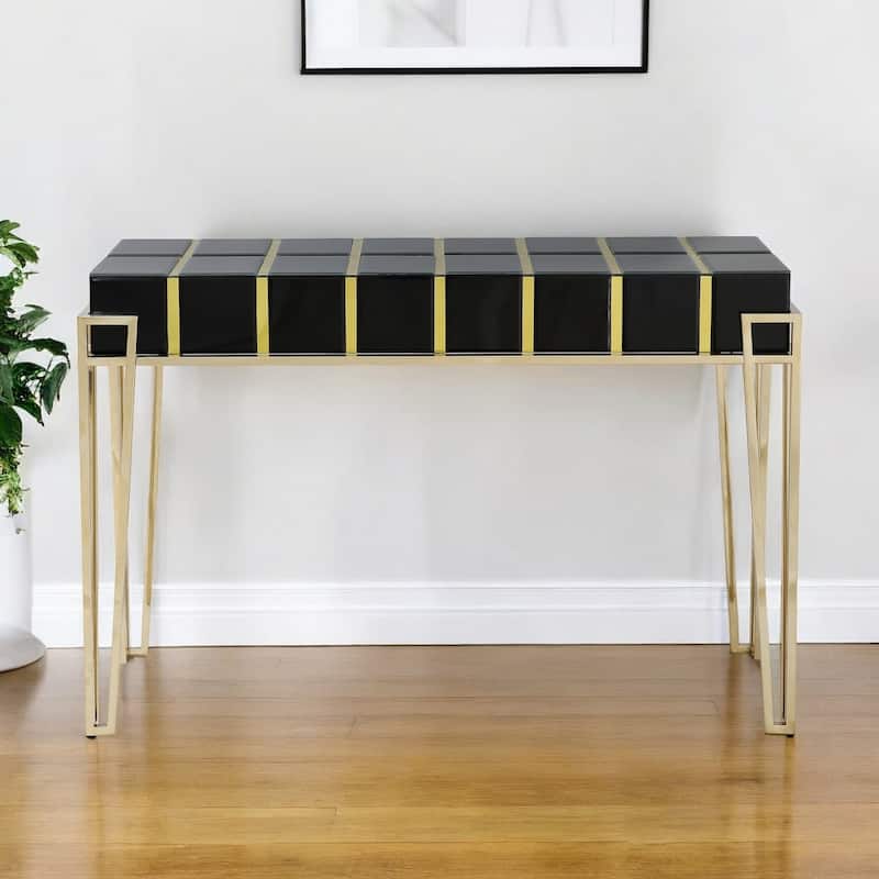 HomeRoots 47" Black and Gold Mirrored Glass Console Table - 47.25 in. x 31.50 in. x 15.75 in. - Black
