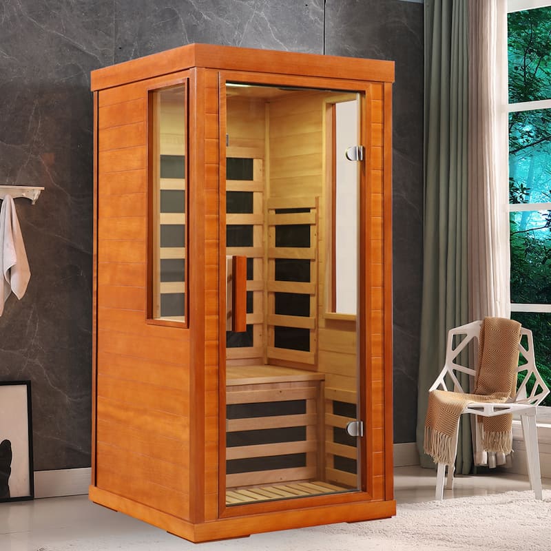 1 Person Far Infrared Sauna Low EMF Carbon Fiber Heating Okoume Wood Home Spa with Bluetooth - N/A