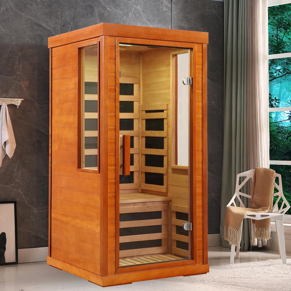 1 Person Far Infrared Sauna Low EMF Carbon Fiber Heating Okoume Wood Home Spa with Bluetooth - N/A