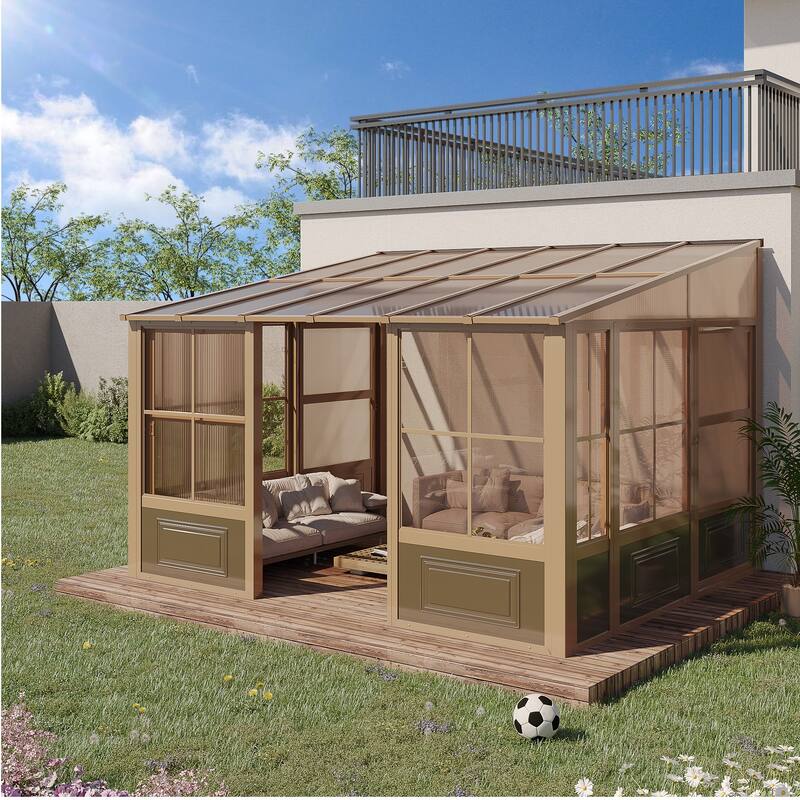 Erommy Outdoor Solarium Sunroom, Patio Hardtop Gazebo, Aluminum Frame Permanent Gazebo with Sliding Doors and Screens - 10' x 12' - Brown