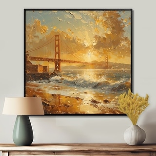 Designart "Yellow White Sunset Golden Gate Bridge San Francisco" San Francisco Framed Wall Art Industrial Wall Decor Art