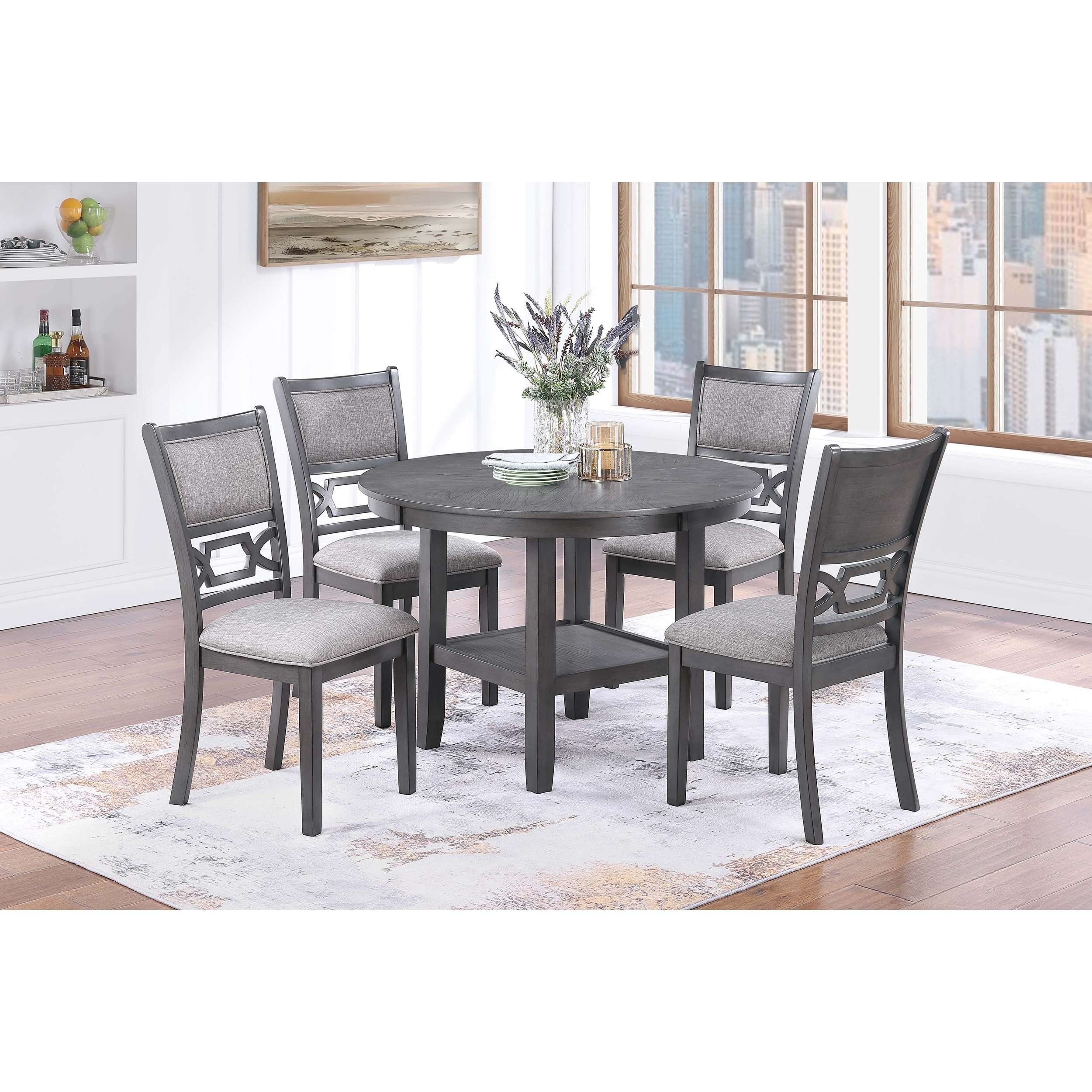 Transitional Style 5pc Round Dining Table Set Upholstered Chair Gray Finish