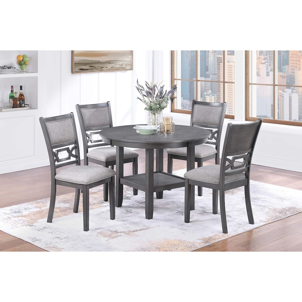Transitional Style 5pc Round Dining Table Set Upholstered Chair Gray Finish