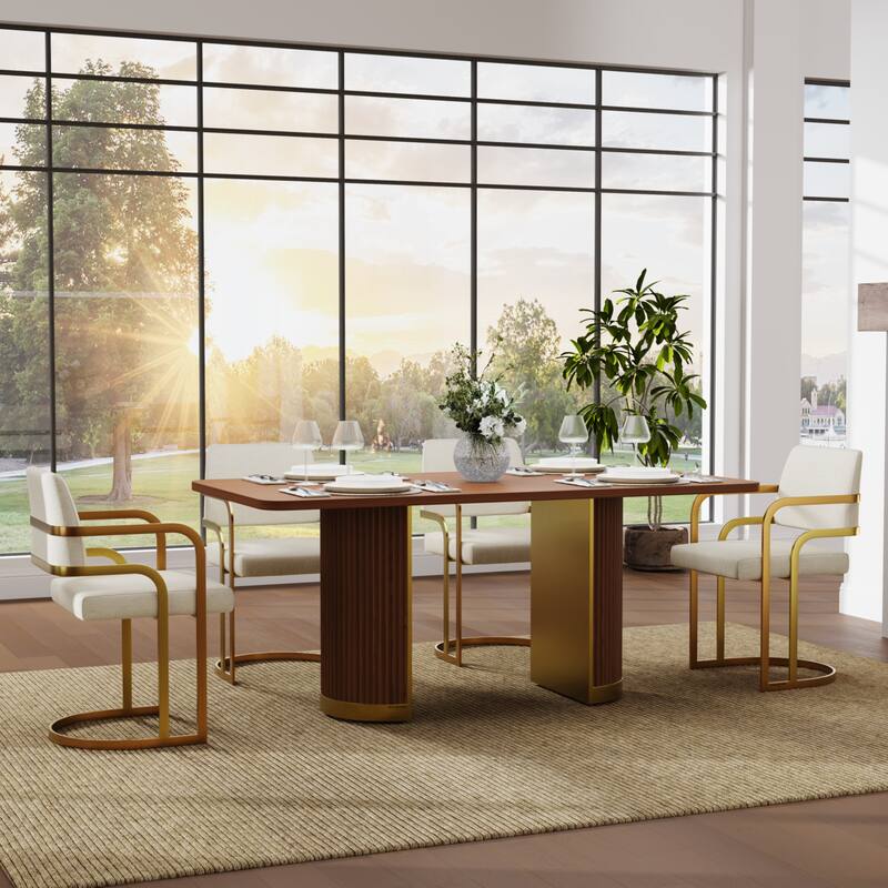 Mid Century Modern Solid Wood Dining Table with Double Pedestal Base