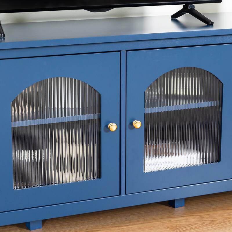 Retro Modern TV Stand with 3 Storage Cabinets and Rainbow Doors for Living Room Home Theater and Studio​