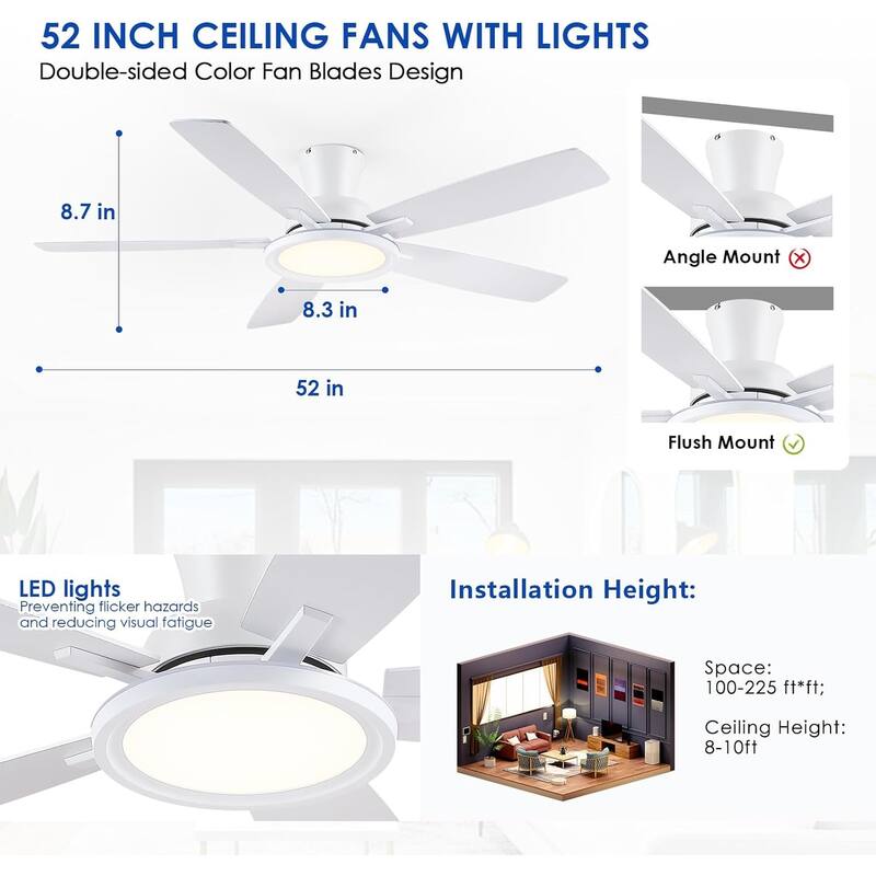 52 Inch Flush Mount Low Profile Ceiling Fan with Light,Remote and App Control
