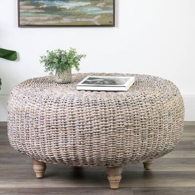 East at Main Whitewashed Abaca Round Coffee Table Ottoman