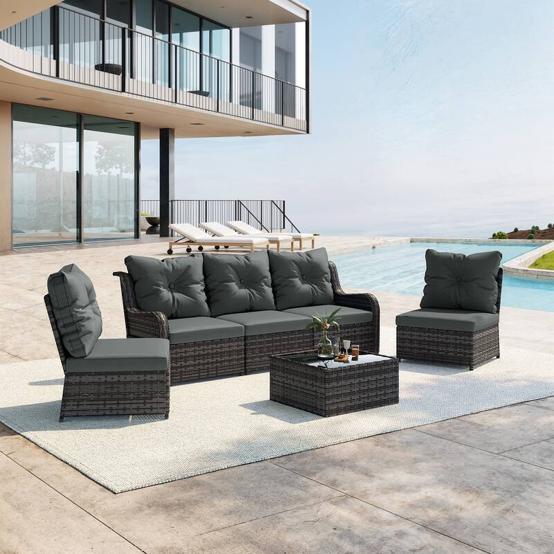 Outdoor Wicker Patio Conversation Furniture Set with Table and Cushion