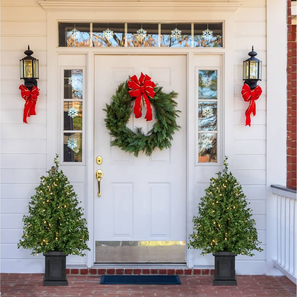 Fraser Hill Farm 4-Ft. Boxwood Porch Tree in Black Pot with Warm White Lights, Set of 2