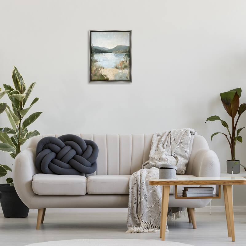 Stupell Abstract Lake Shore & Mountains Framed Floater Canvas Wall Art Design By Petal Prints Design