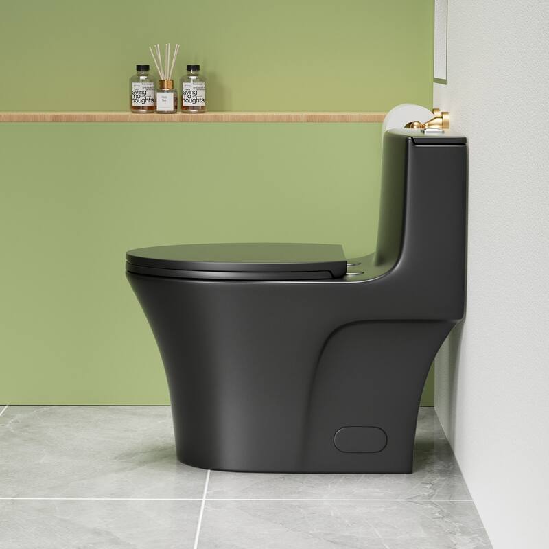 1.1/1.6 GPF Tornado Flush One-Piece Toilet Elongated, Siphonic S-trap 12",Soft Closing Seat, Button on Tank top - Matte Black