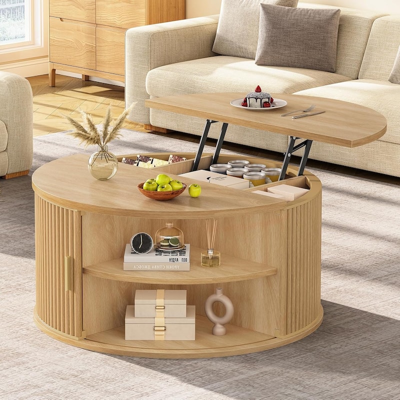 Round Lift Top Coffee Table 180 Grad Curved Sliding Door Living Room