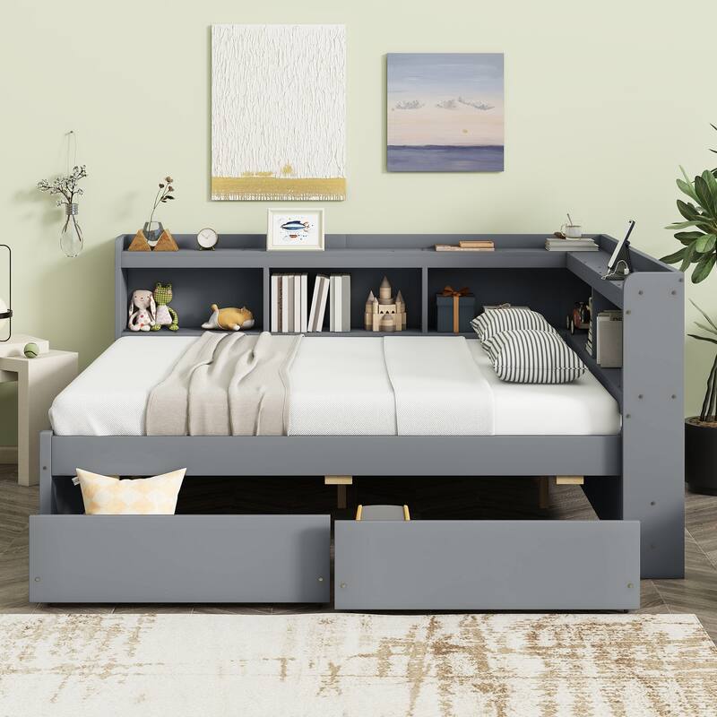 Corner Daybed Bookcases Bed with Power Outlets and Charging Ports, L-Shaped Storage Bed Frame Captains Bed with 2 Drawers