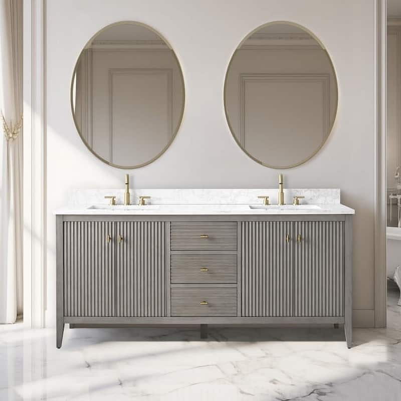 Vanity Art 72" Double Sink Bathroom Vanity Cabinet with Engineered Marble Top - 72"/Golden Brushed Handle - Linear Driftwood Gray