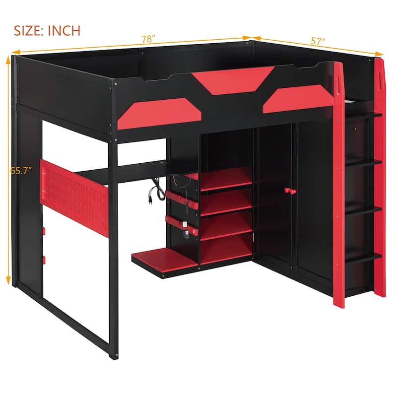 All-in-one Esports Gaming & Work Loft Bed with Adjustable Desk, LED, Charging Station, Pegboard, Storage Shelves and Wardrobe