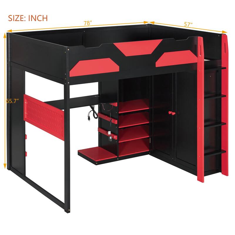 Full Size Wood Loft Bed with Desk - Multi-Storage Shelves, USB & RGB Light, Study Loft Bed