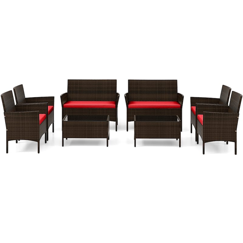 8PCS Patio Rattan Conversation Set Outdoor Furniture Set w/ End Table - Red
