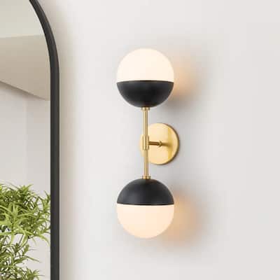 Mid-century 2-Light Opal Glass Globe Armed Wall Sconce