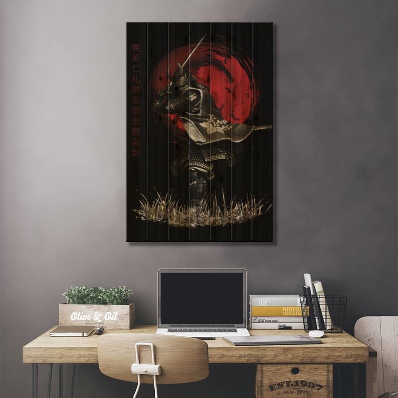 Bushido Samurai Attacking Print On Wood by Cornel Vlad - Multi-Color