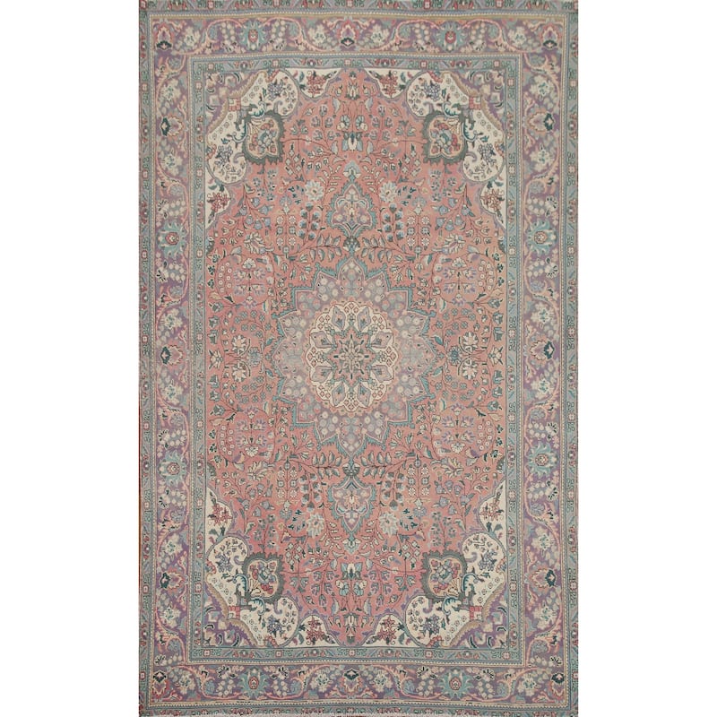 Hand Knotted Oriental 100% Wool Carpet Traditional Floral Pink Tabriz Area Rug - 9' 6'' X 6' 8''