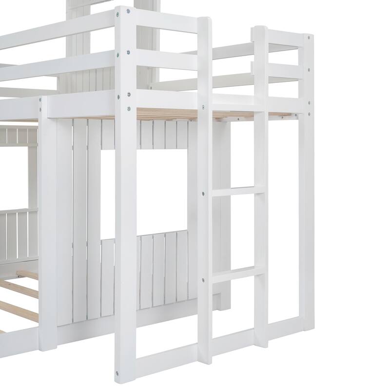 Wooden Twin Over Full Bunk Bed with Playhouse, Ladder, Guardrails, and