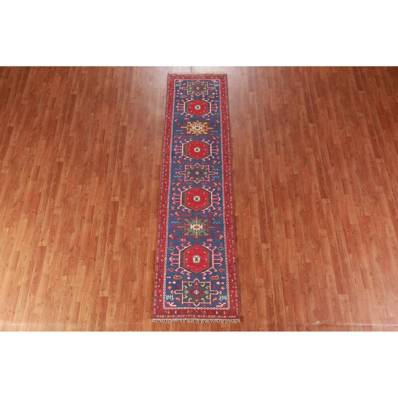 Hand Knotted Oriental 100% Wool Carpet Transitional Geometric Navy Blue & Blues Khotan Runner Rug - 9' 11'' X 2' 6''