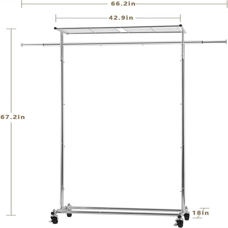Clothes Rack on Wheels with Extra Top Storage Shelf - 18"D x 42.9"W x 67.2"H