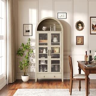 70" Tall Arched Cabinet with LED Lights, Modern Wood Kitchen Pantry & Bookshelf for Living Room, Dining Room