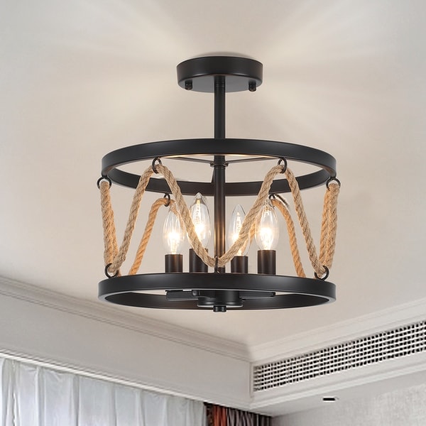 4 Light 12.6 Inch Wide Metal Ceiling Light Semi Flush Mount Light with Hemp Rope N A On Sale Bed Bath Beyond 41680880