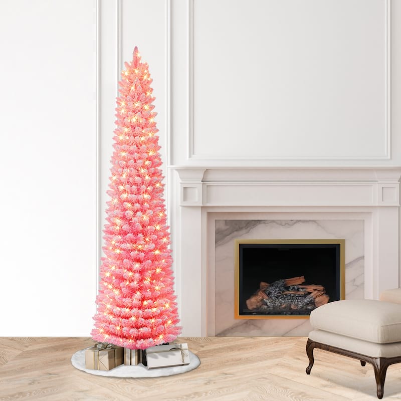 Puleo International 6.5 ft. Pre-lit Flocked Fashion Pink Pencil Artificial Christmas Tree - 6.5 Foot
