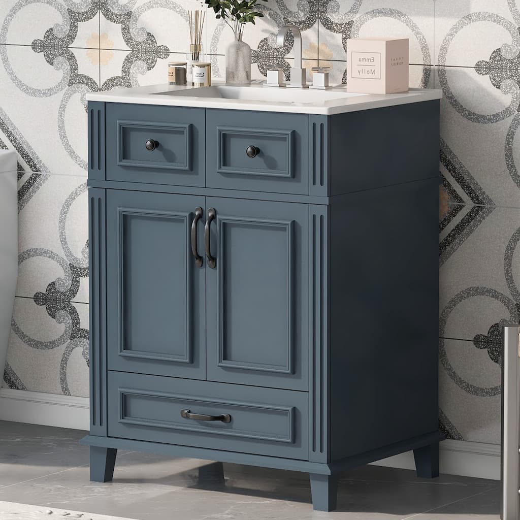 24" Bathroom Vanity with Ceramic Sink,Solid Wood Frame Bathroom Storage Cabinet with Soft Closing Doors,Retro Style