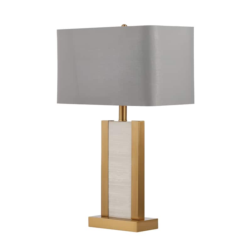Natural Alabaster Stone Desk Lamp, Travertine Gold Metal Table Light, Pale Gray Shade Mid-Century Modern - N/A