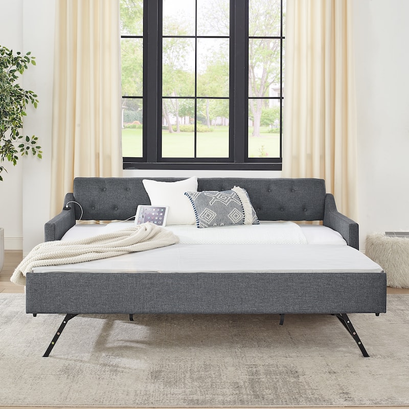 Twin Size Upholstery Daybed with Erectable Trundle & USB Design