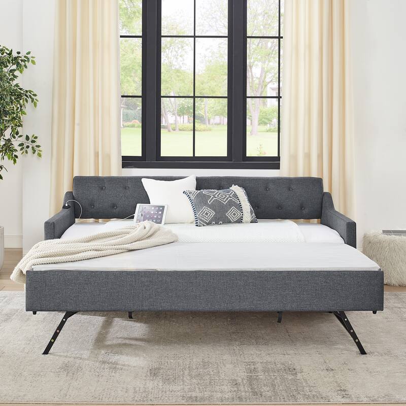 Upholstery Daybed with Twin Size Erectable Trundle and USB Charging Design