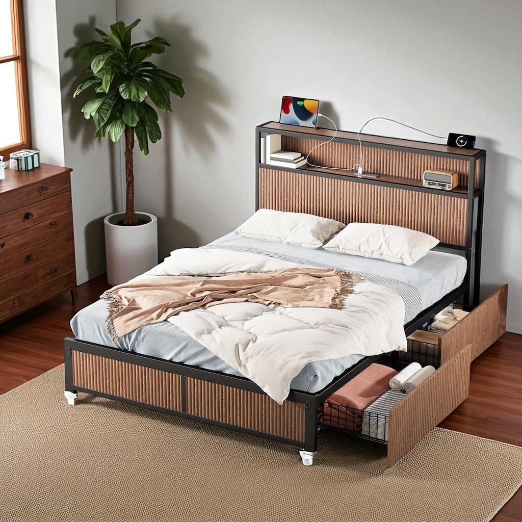 Queen Storage Platform Bed with Headboard Shelves, Drawer Storage, Built-In Outlet, Walnut, 1000 lb Capacity