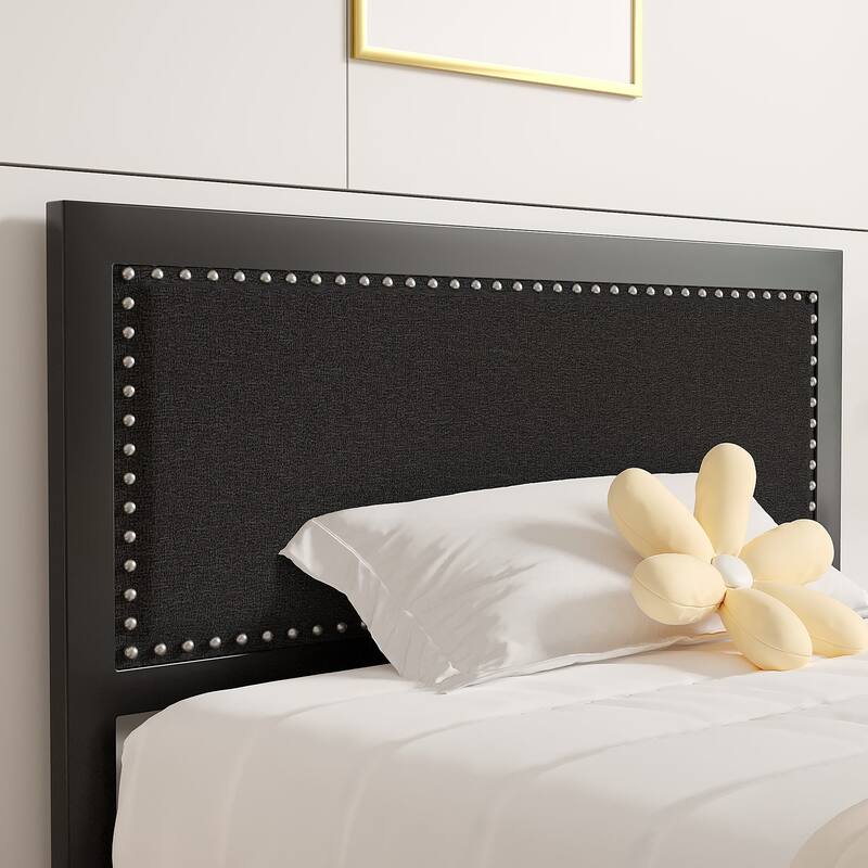 Metal Bed Frame with Linen Upholstered Nailhead Headboard, Platform Bed with 12.6" Under Bed Storage, No Box Spring Needed