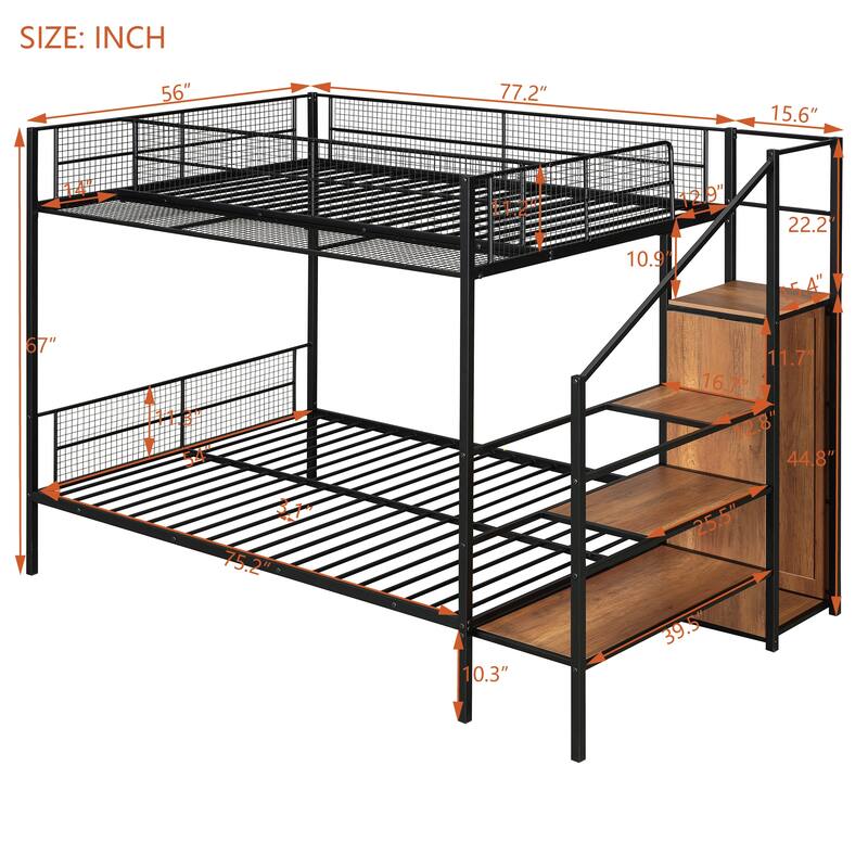 Space-Saving Twin-Over-Full Metal Bunk Bed with Built-In Wardrobe, Step Ladder, and Storage Options