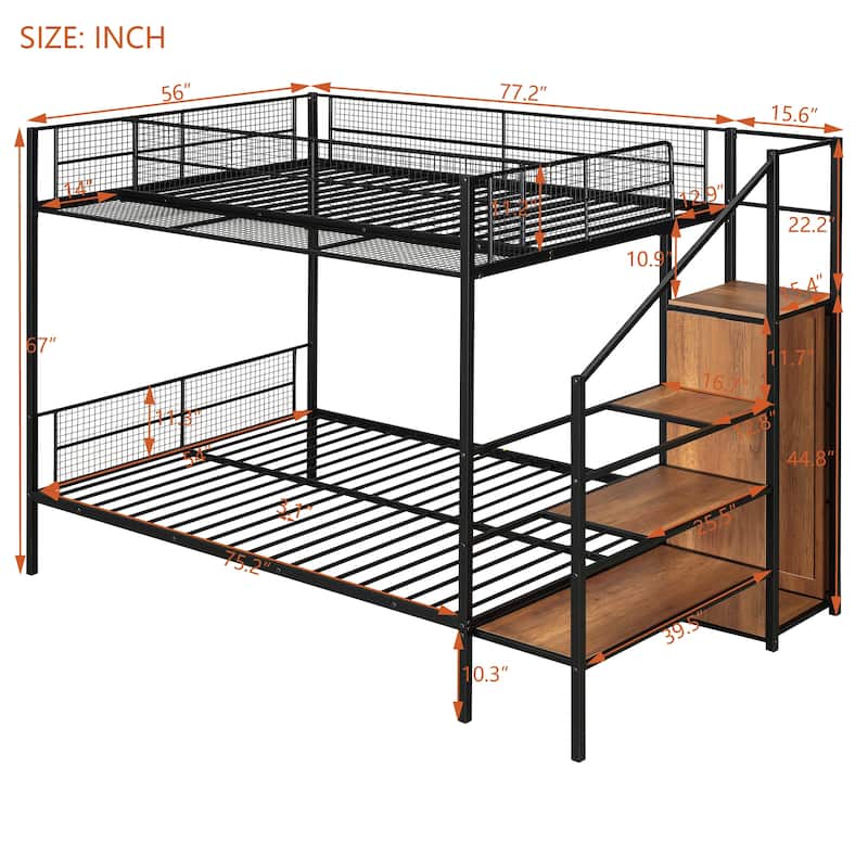 Twin over Full Metal Bunk Bed with Wire Shelving & Lateral Storage Ladder and Wardrobe, White