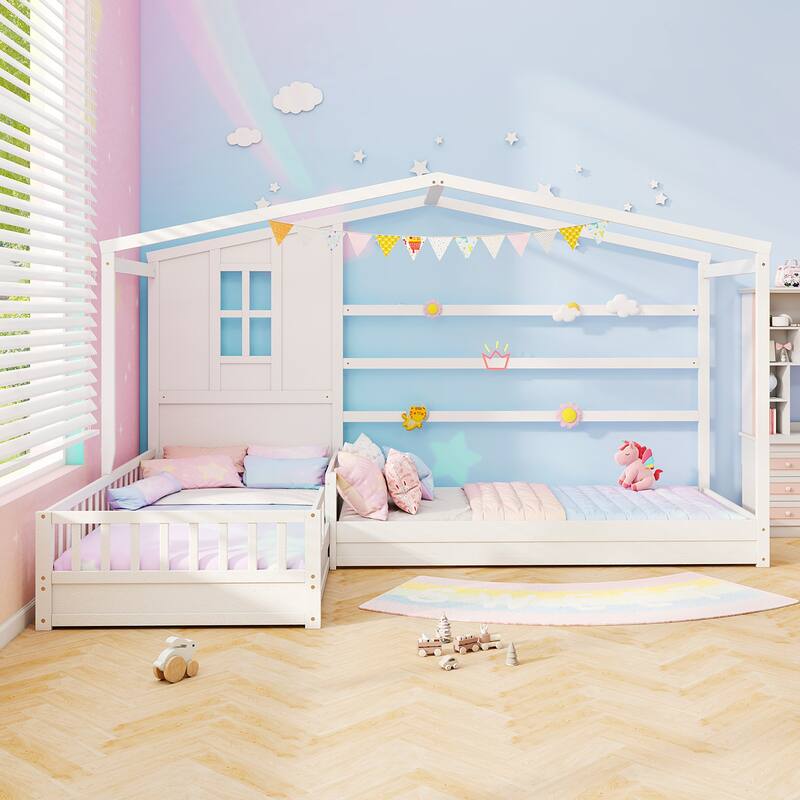 Gymax L-shaped Double Twin Beds House Platform Beds w/ Window & Fences