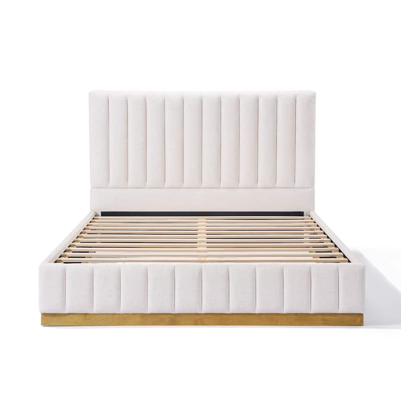Upholstered Bed Frame Linen Fabric Platform Bed with 46''H Thick Headboard/Solid Wood Base/No Box Spring Needed/Noise Free/Beige