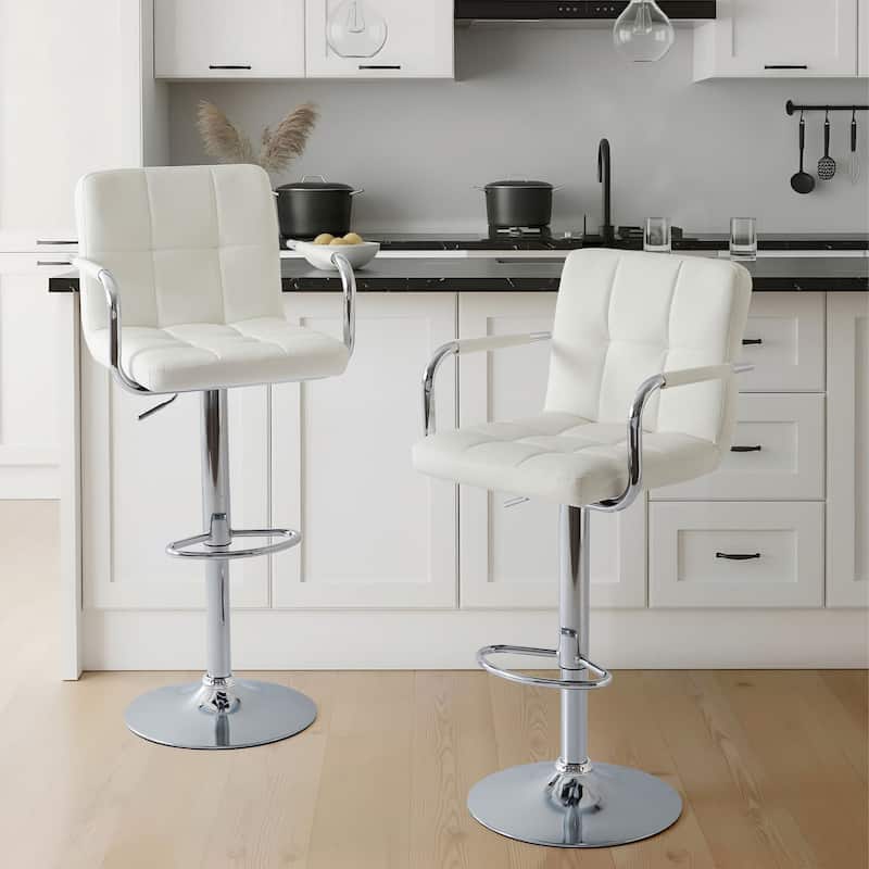Adjustable Height Bar Stools Set of 2, Modern Square Tufted Upholstered Bar Chairs with Footrest. - White