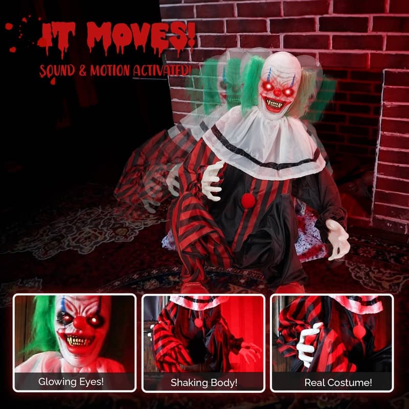2.6 Ft. Animated Clown Decoration With Creepy Red LED Eyes Halloween Decoration