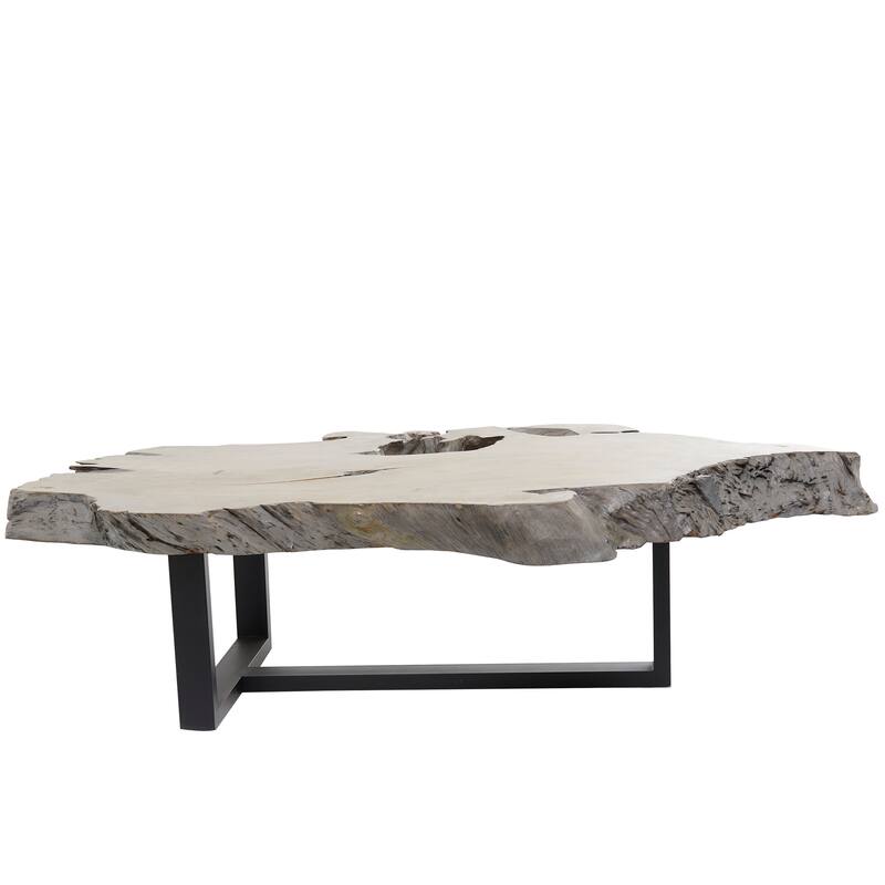 Gray Teak Wood Handmade Live Edge Wood Slab Living Room Coffee Table with Black T Stand Base