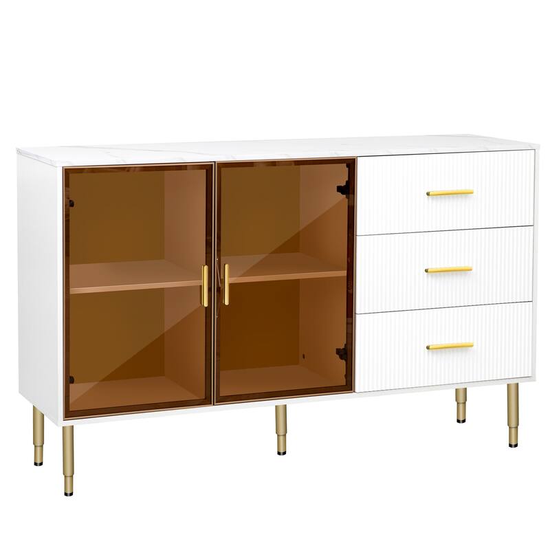 Luxury Storage Cabinet with Marble Finish, Gold Legs & Tempered Glass Doors for Modern Living Spaces