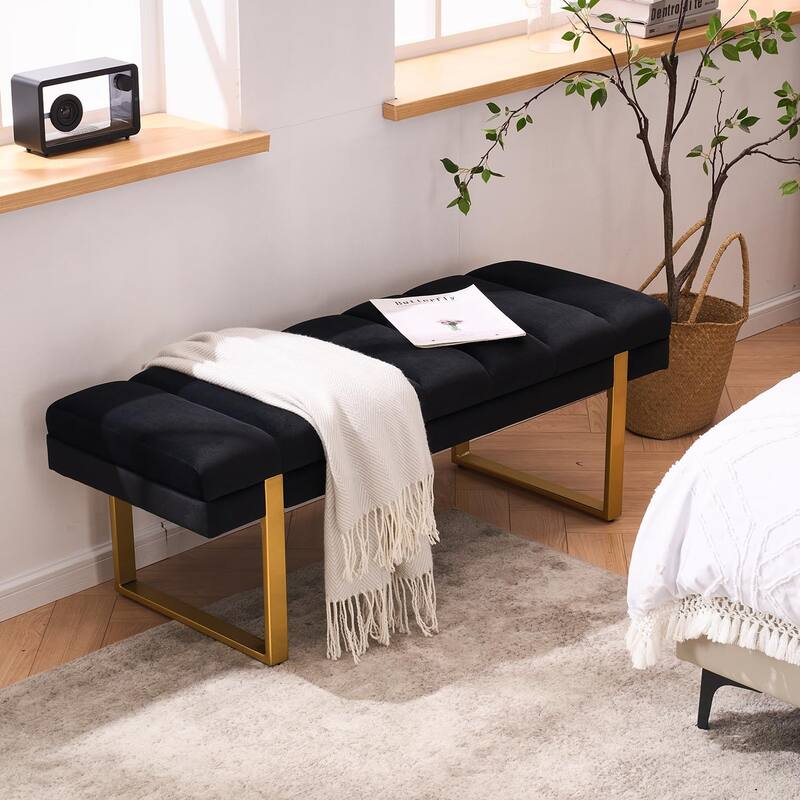 Upholstered Bedroom Bench Tufted Entryway Bench Modern End of Bed Bench Dining Bench with Gold/Black Metal Legs for Window