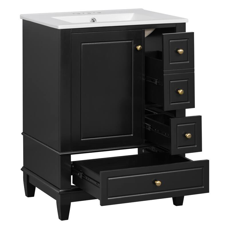 24" Bathroom Vanity with Sink and Drawers, with Ceramic Top and Storage Shelves, Modern Sink Cabinet for Small Bathrooms
