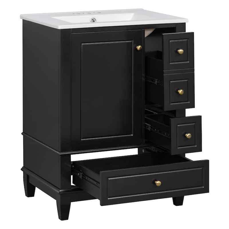 24" Freestanding Bathroom Vanity with Sink - Ceramic Top, Drawers & Shelves, MDF & Solid Wood Base, for Small Bathrooms