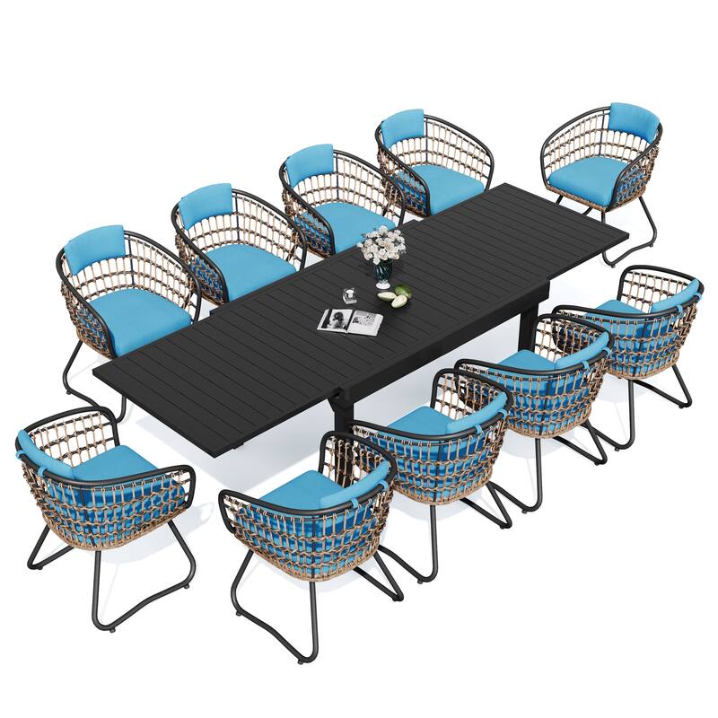 11PC Outdoor Aluminum Expandable Rectangle Patio Dining Sets Table with Rattan Chair