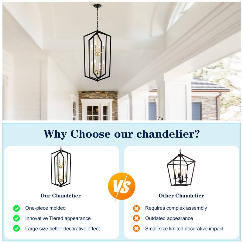 8-Light Black and Gold Lantern Chandelier, Adjustable Ceiling Pendant Light for Dining Room, Kitchen, Living Room, Entryway
